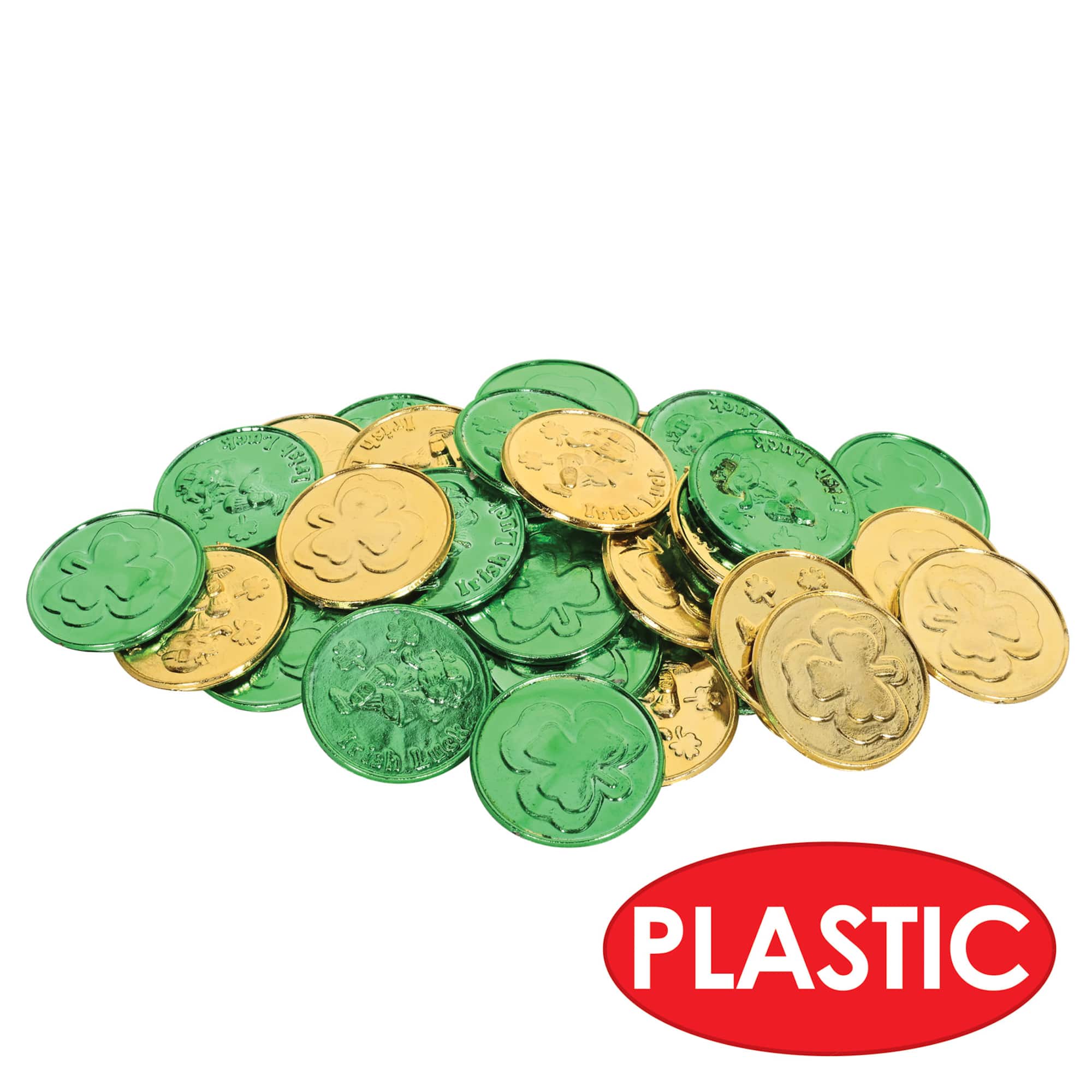 Besitle 1.5" Green & Gold Plastic Lucky Leprechaun & Shamrock Coins, 40ct.